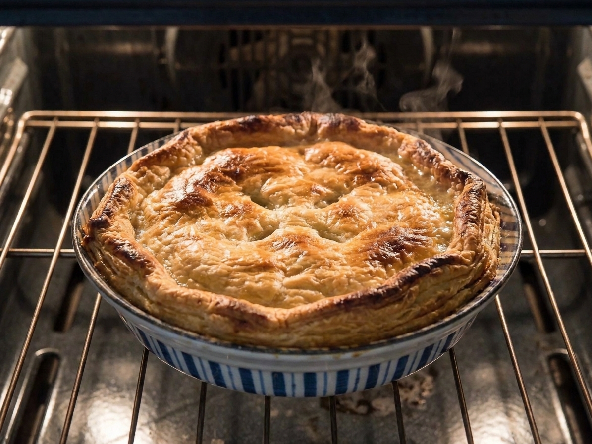A golden pot pie baking on the middle oven rack with bubbling filling visible through vent slits
