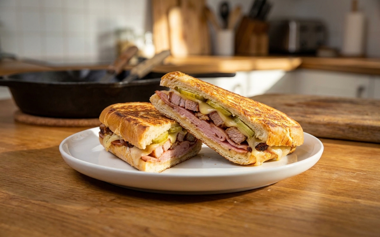A golden, pressed Cubano sandwich sliced in half on a simple white plate, with visible layers of pork, ham, Swiss, and pickles on a wooden kitchen table in warm natural light
