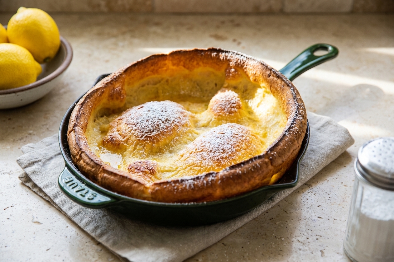 A golden, puffed German pancake with tall crisp edges baked in a cast iron skillet on a light stone countertop