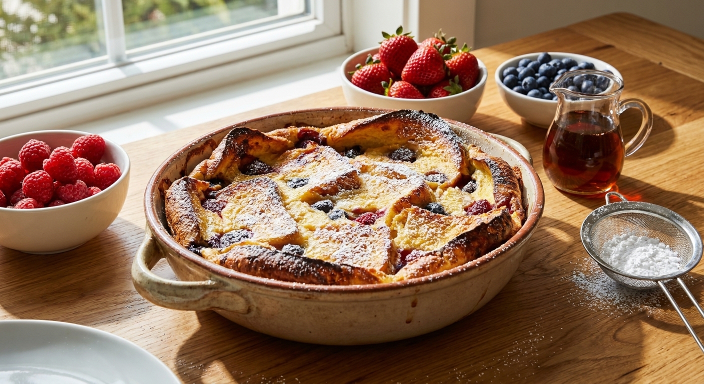 A golden, puffed overnight French toast casserole in a baking dish on a bright brunch table, with powdered sugar and fresh berries nearby, real food photography