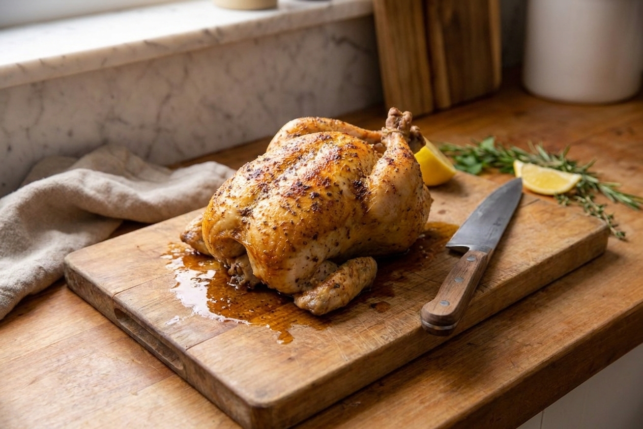 A golden roast chicken resting on a wooden cutting board with a small pool of juices and a carving knife nearby in a cozy kitchen setting