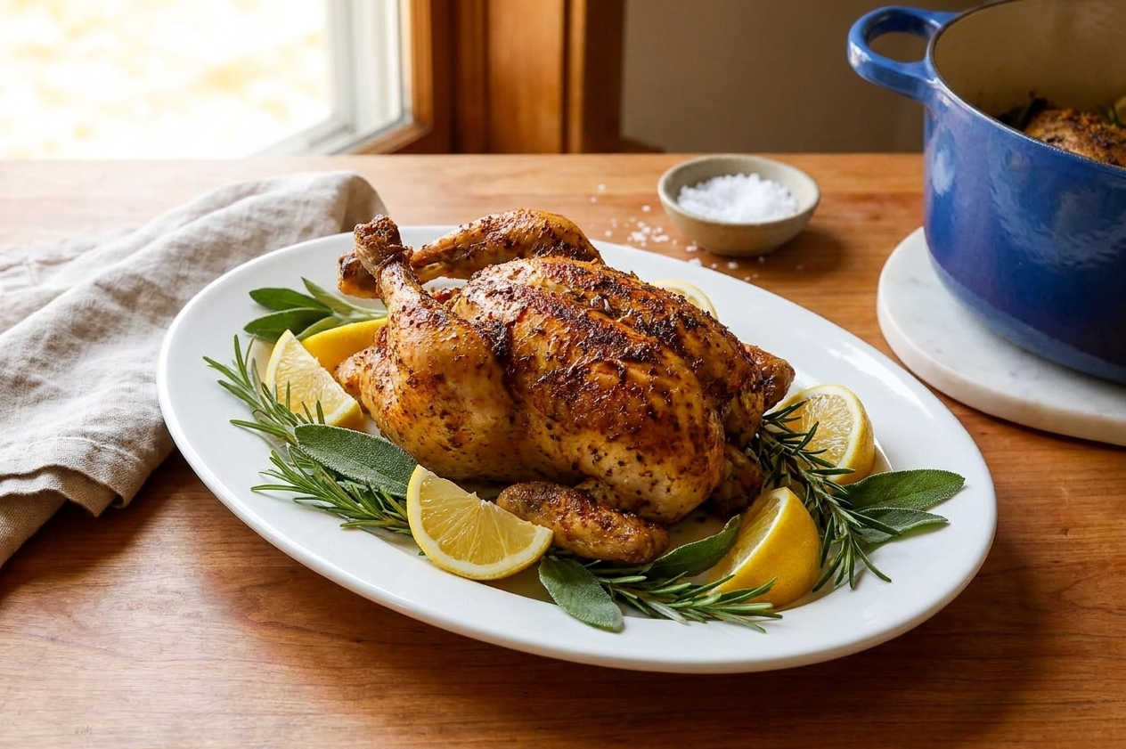 A golden roasted Cornish game hen on a white platter with lemon wedges and herbs on a warm kitchen table