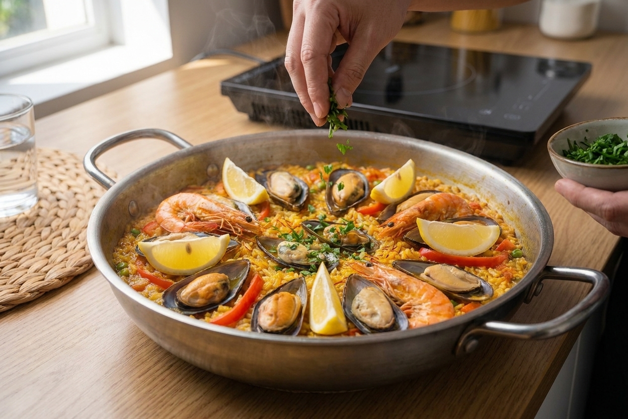 A golden seafood paella in a wide paella pan with shrimp, mussels, and lemon wedges on a warm kitchen table, natural window light
