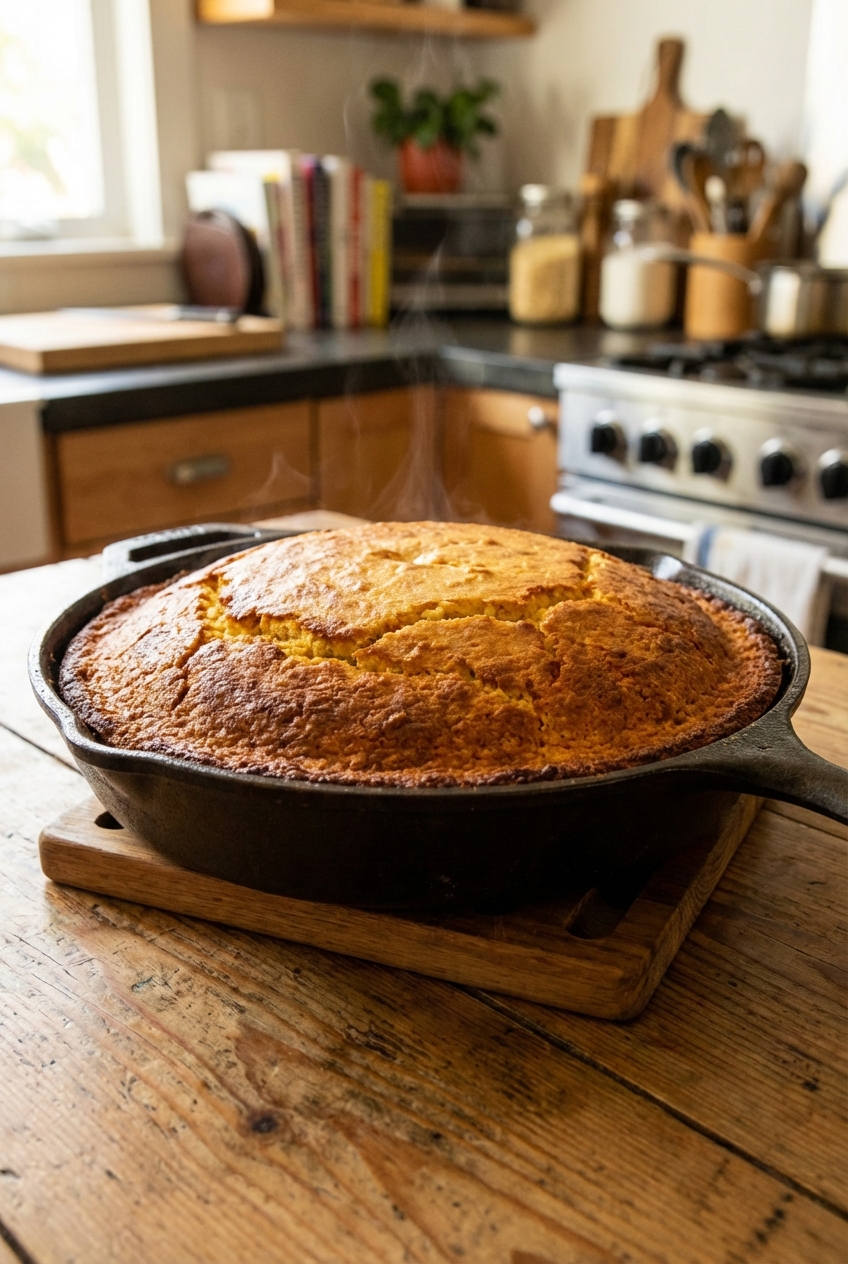 A golden skillet cornbread with crisp edges in a cast iron pan