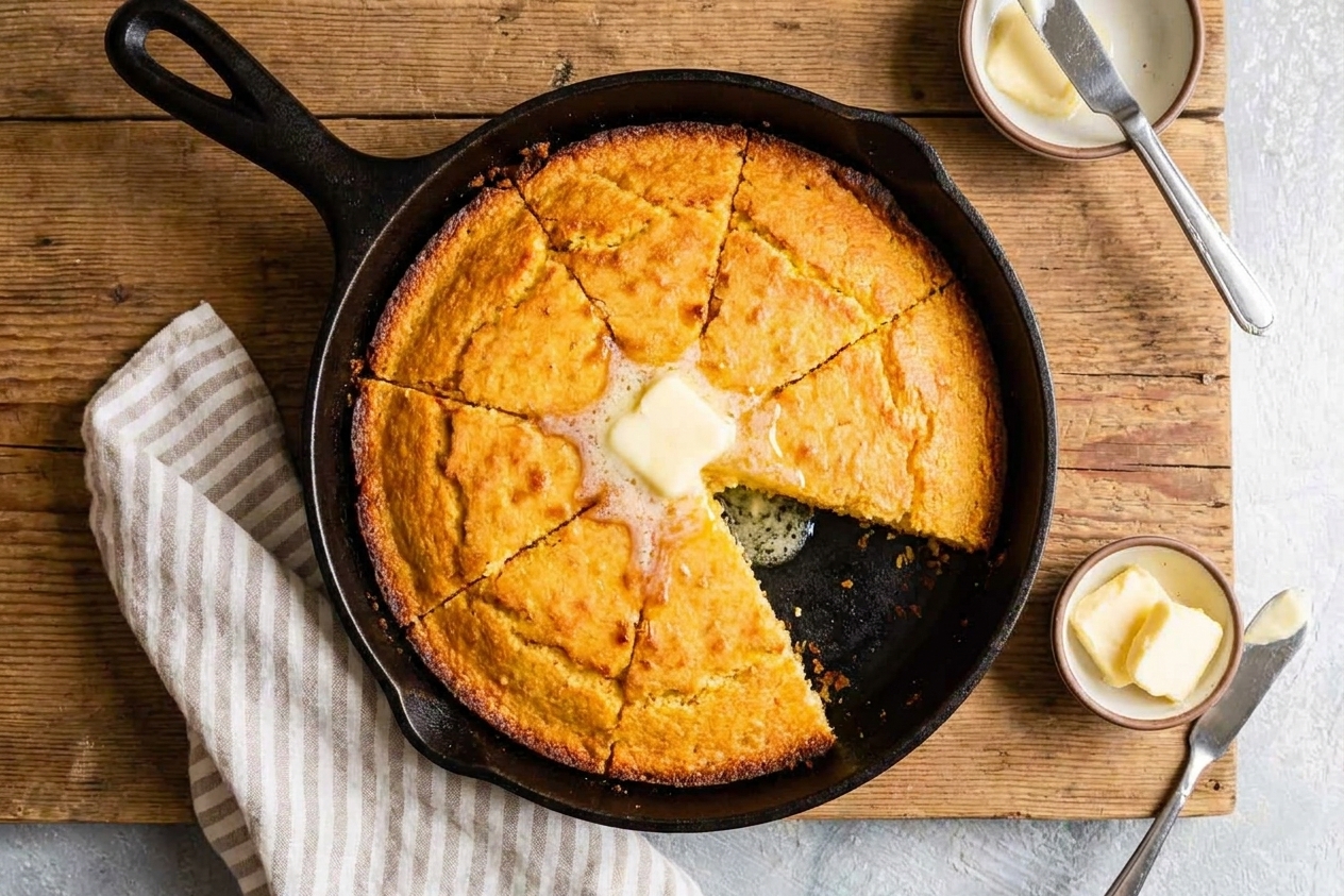 A golden skillet of buttermilk cornbread with crisp edges, cut into wedges on a rustic wooden table with a pat of butter melting on top