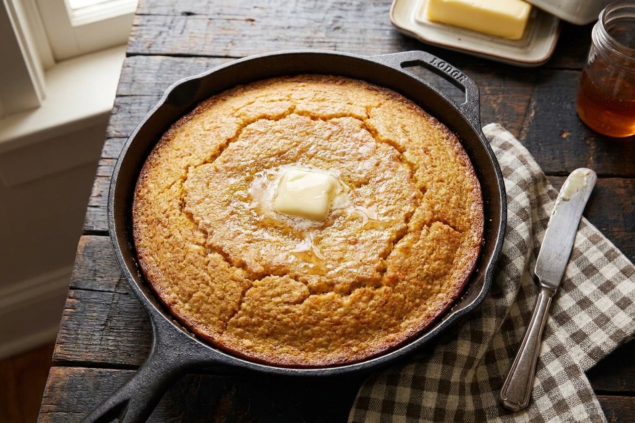 A golden skillet of corn bread with crisp browned edges and a soft center, sitting on a wooden table with a butter knife nearby, warm kitchen lighting