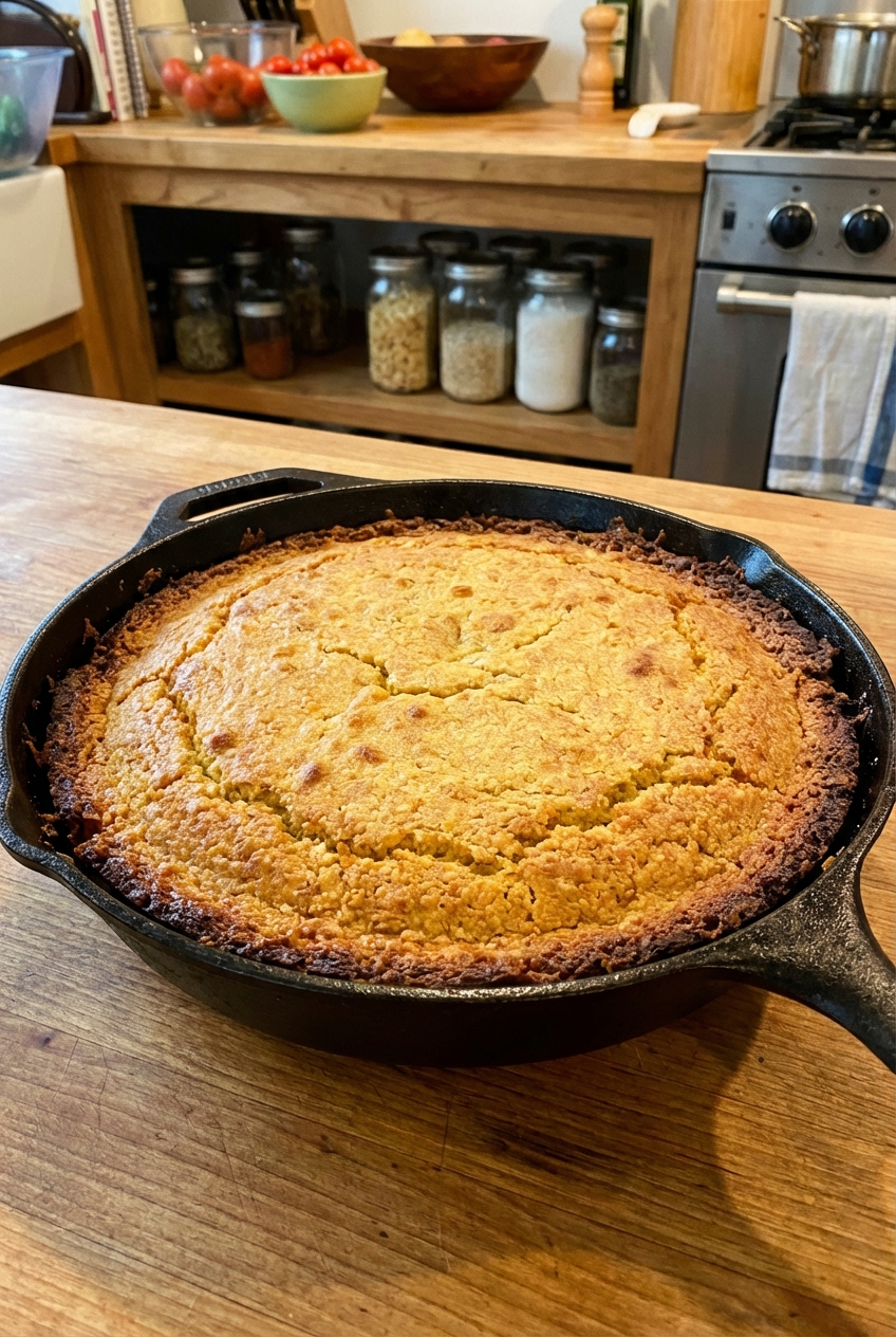 A golden skillet of cornbread with a crisp edge