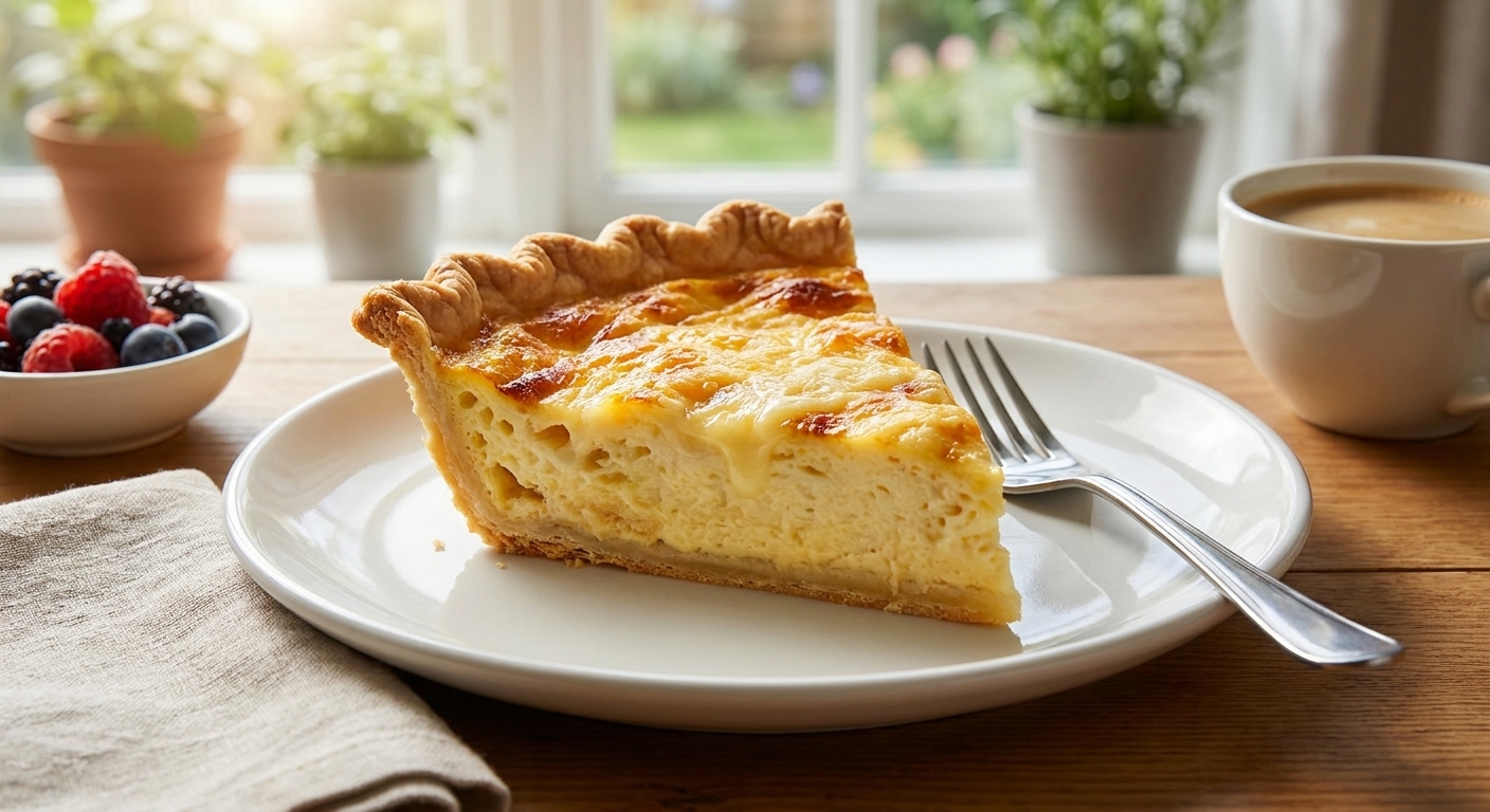 A golden slice of classic quiche with a crisp pie crust and creamy egg custard on a white plate, with a simple brunch table in the background, natural window light