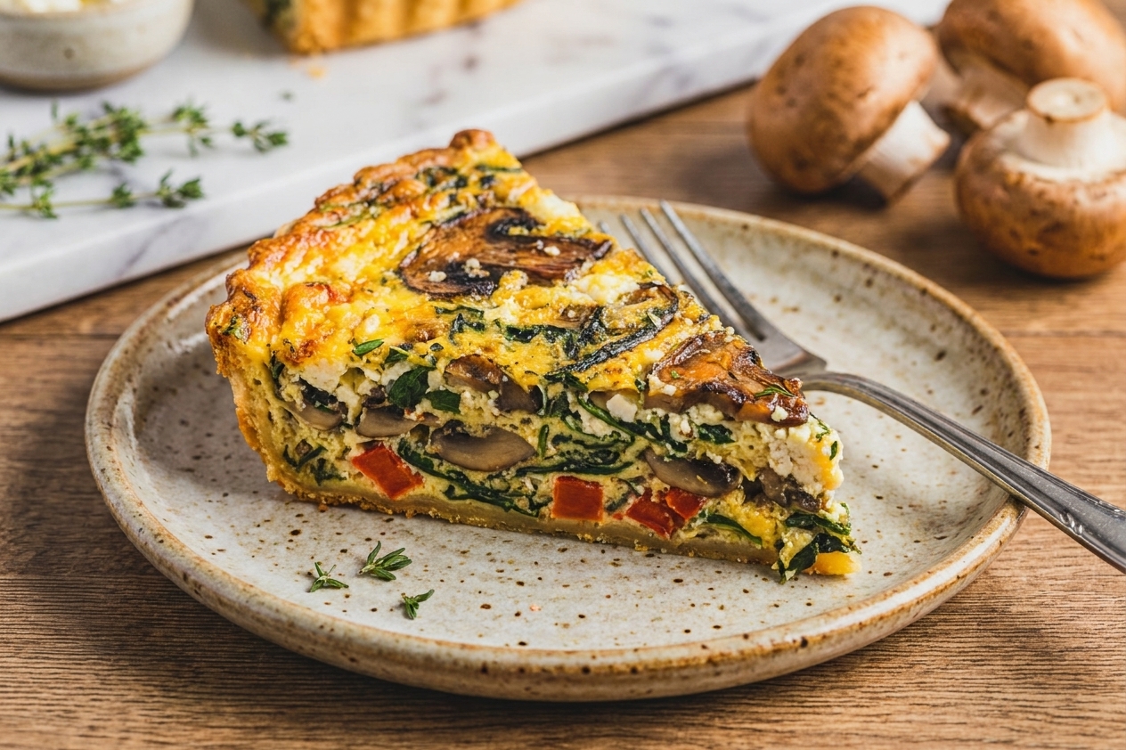 A golden slice of vegetable quiche on a ceramic plate, showing layers of spinach, mushrooms, and peppers in a creamy custard with a flaky crust on a wooden table