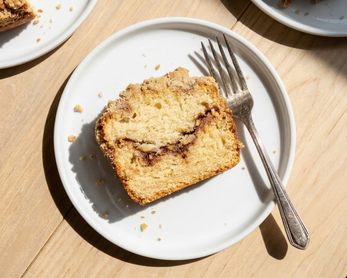 A golden sour cream coffee cake on a simple ceramic plate with a thick cinnamon streusel top, sliced to show the tender crumb, on a bright kitchen table