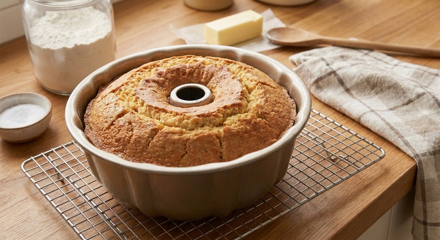 A golden sour cream pound cake cooling on a wire rack on a kitchen counter