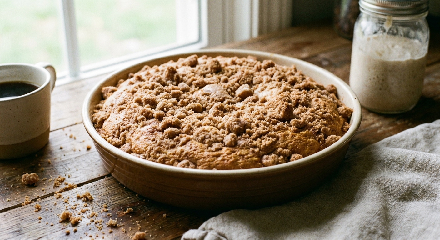 A golden sourdough discard coffee cake in a baking pan with a thick cinnamon streusel topping and a few crumbs scattered on the counter, natural window light, real food photography style