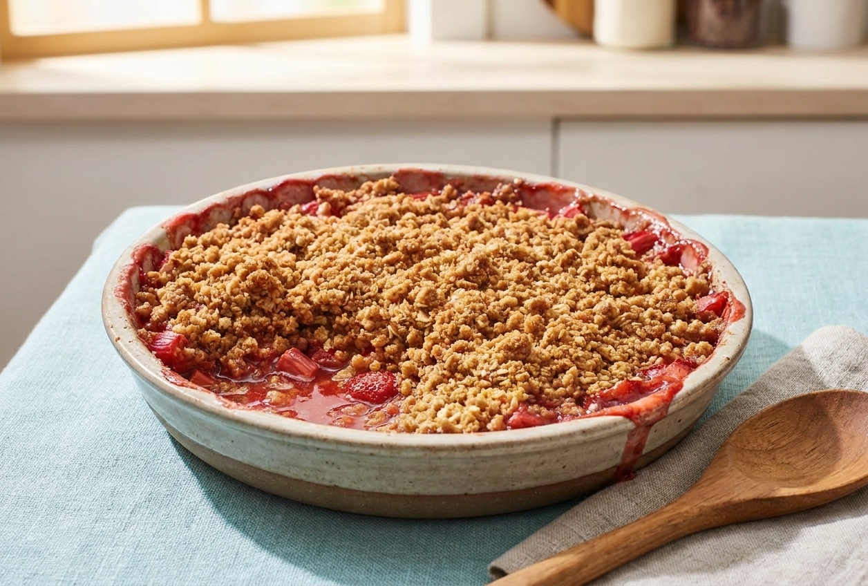 A golden strawberry rhubarb crisp in a ceramic baking dish with a bubbly red fruit edge and a crisp oat topping on a light kitchen counter
