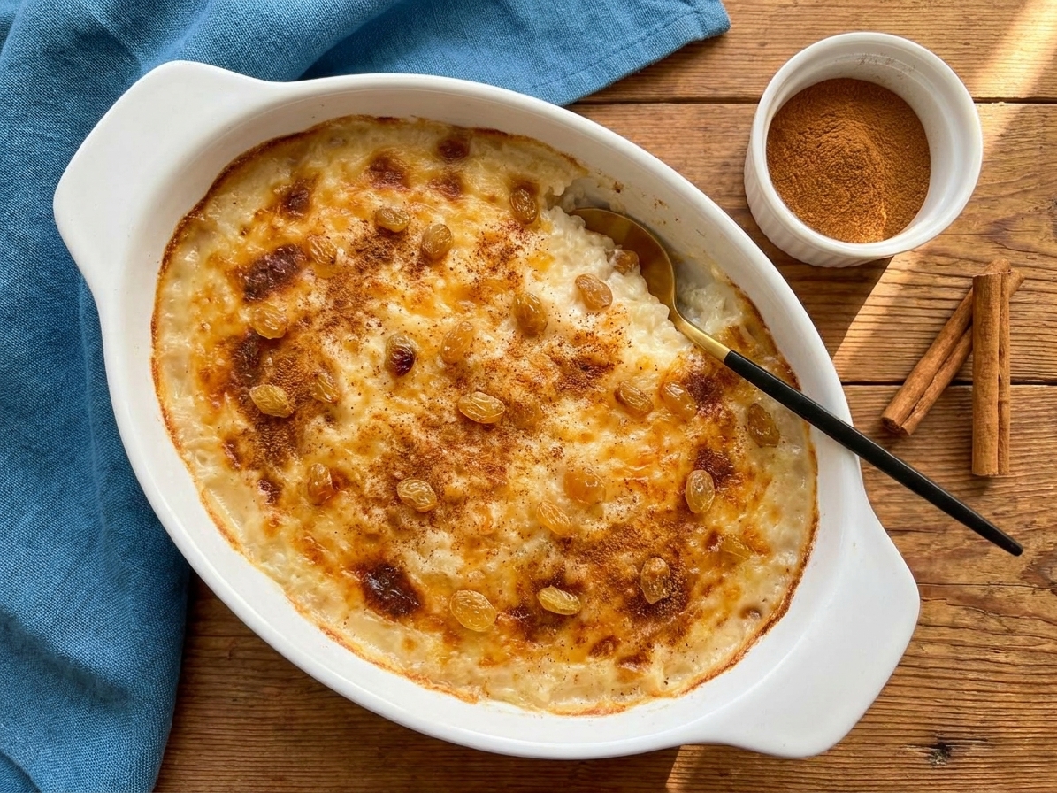 A golden-topped baked rice pudding in a white ceramic baking dish on a warm wooden table, with a spoon and a small bowl of cinnamon nearby