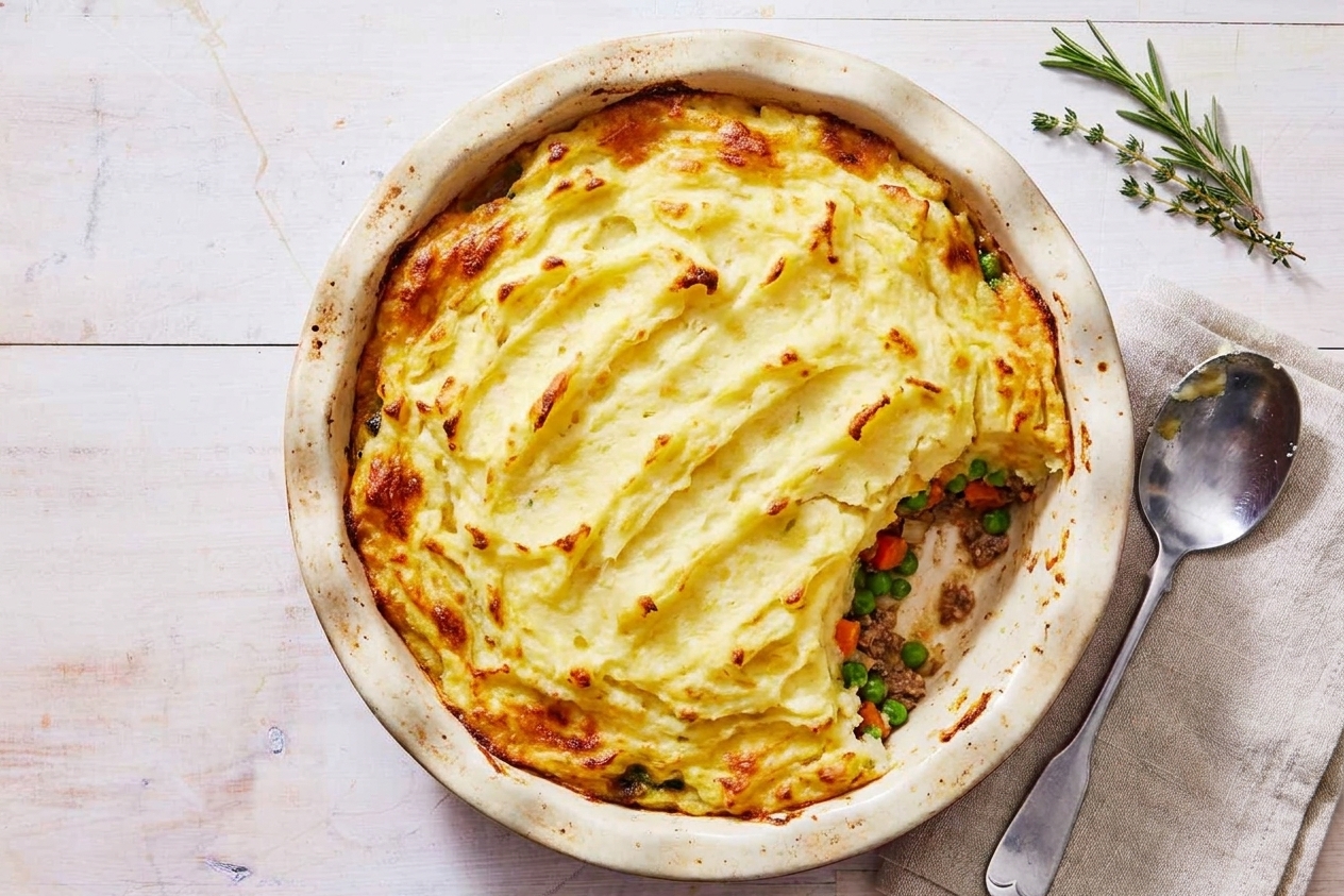 A golden-topped shepherd's pie in a ceramic baking dish on a light kitchen counter, with browned ridges of mashed potatoes and a serving spoon nearby