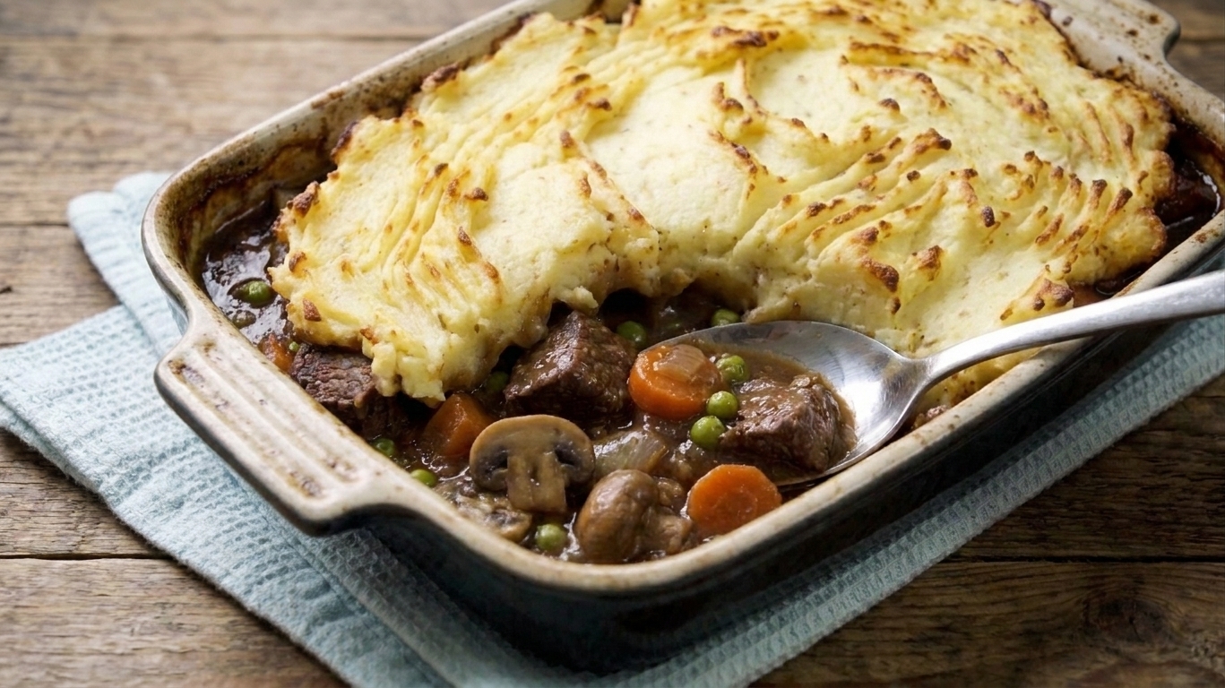 A golden-topped venison casserole in a ceramic baking dish, with crisp potato ridges and a spoonful scooped out showing the rich venison filling