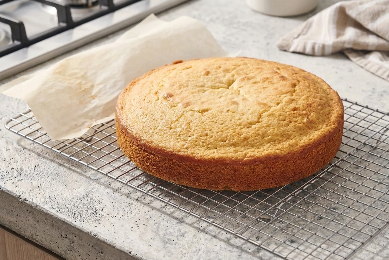 A golden vanilla cake cooling on a wire rack on a kitchen counter with parchment paper nearby