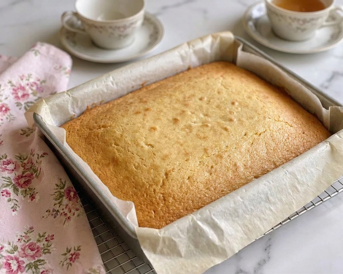 A golden vanilla sheet cake cooling in a parchment-lined baking pan on a kitchen counter