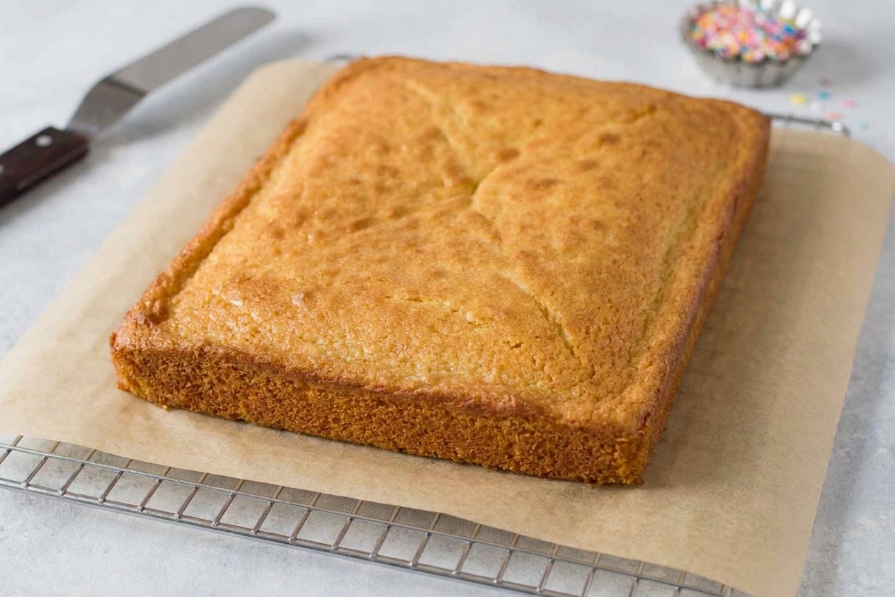 A golden vanilla sheet cake cooling on a wire rack with parchment underneath on a kitchen counter