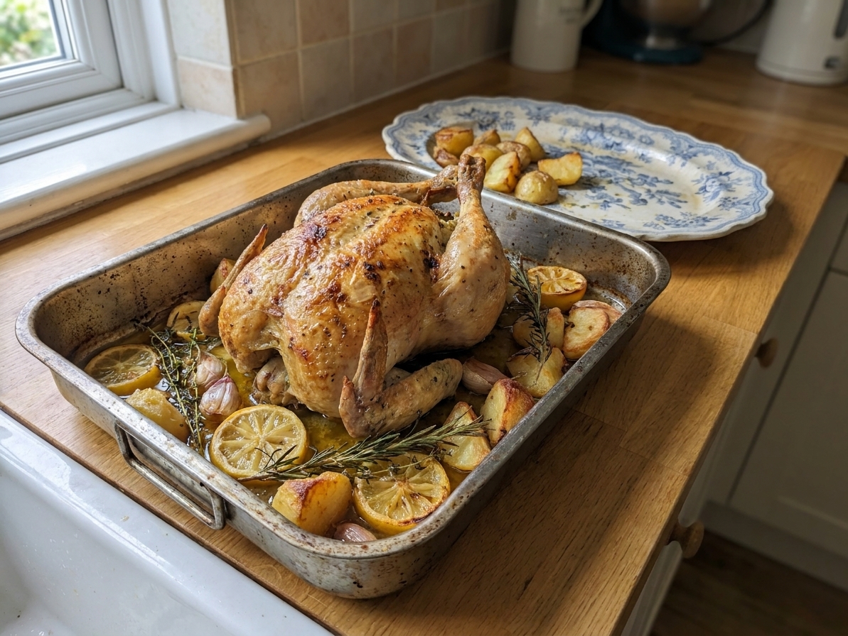 A golden whole roast chicken in a roasting pan with lemon slices, fresh herbs, and crisp potatoes, set on a bright kitchen counter