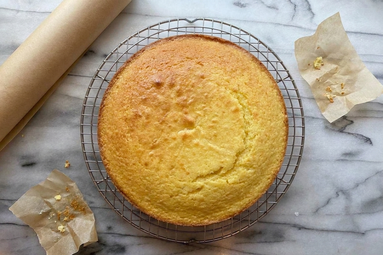A golden yellow cake cooling on a wire rack with parchment paper nearby on a kitchen counter