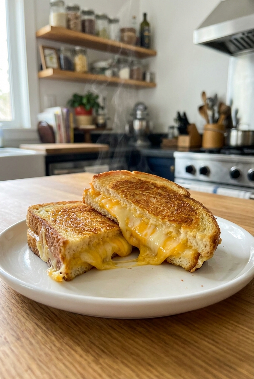 A gooey grilled cheese sandwich cut in half on a plate