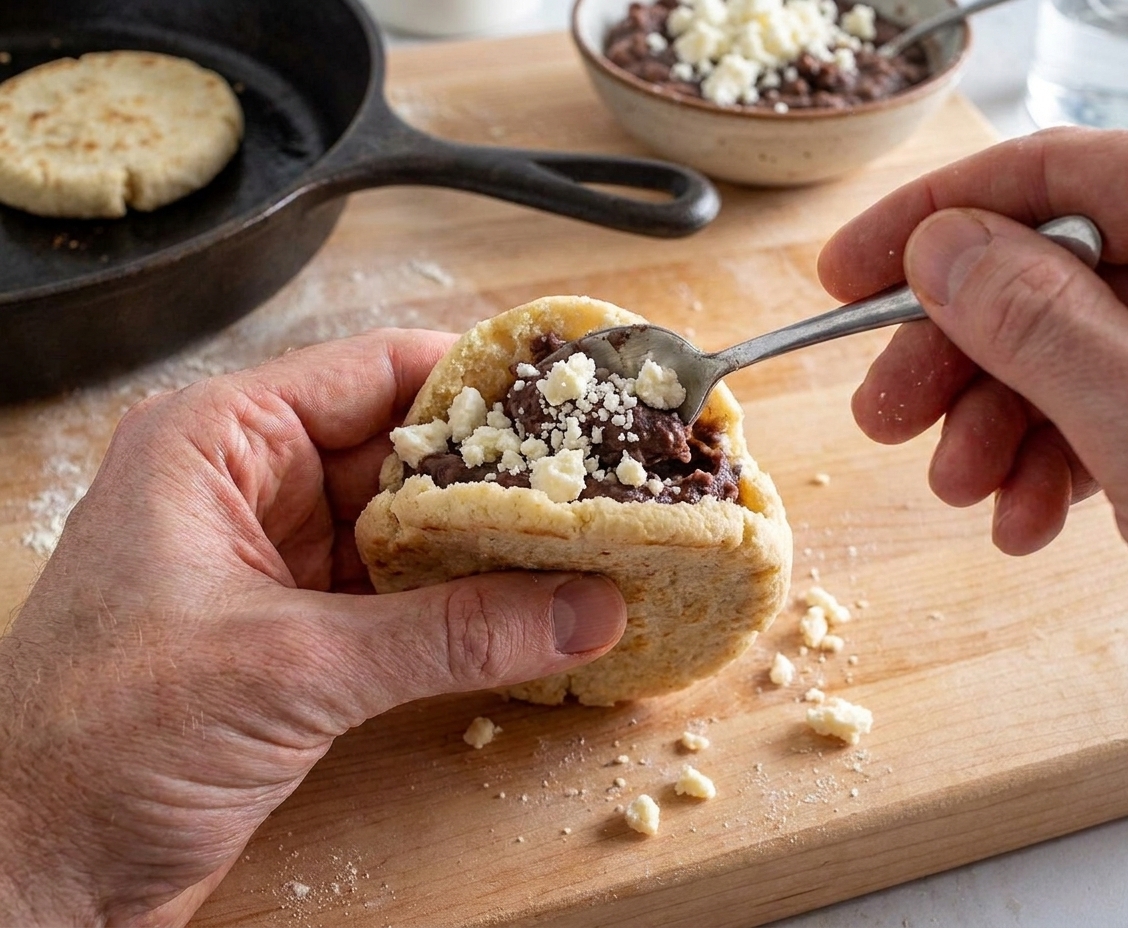 A gordita pocket being filled with refried beans and crumbled queso fresco over a cutting board