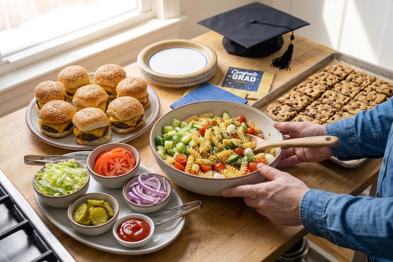 A graduation party buffet table with a build-your-own slider bar, bowls of toppings, a big pasta salad, and a tray of sheet pan cookies on a bright kitchen counter