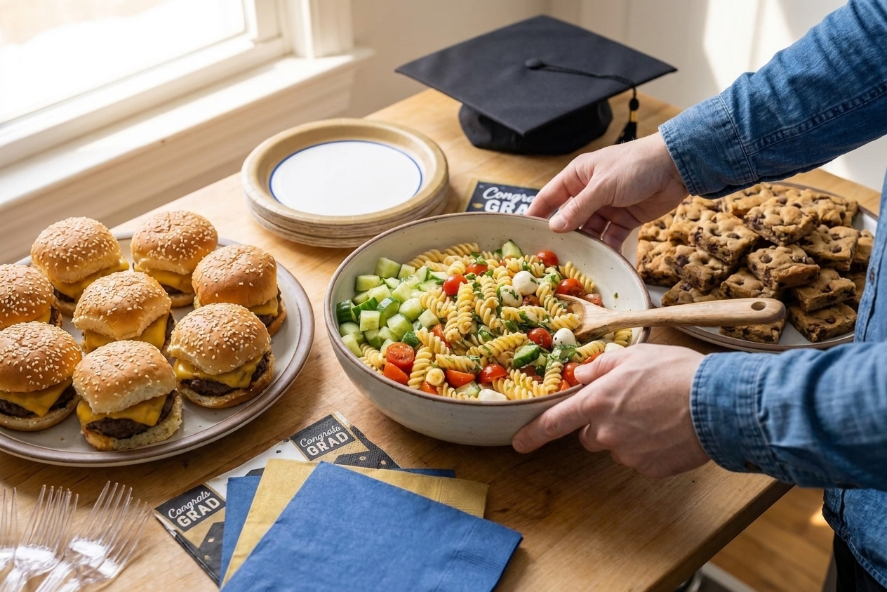 A graduation party buffet table with platters of sliders, a bowl of pasta salad, and cookie squares ready for guests