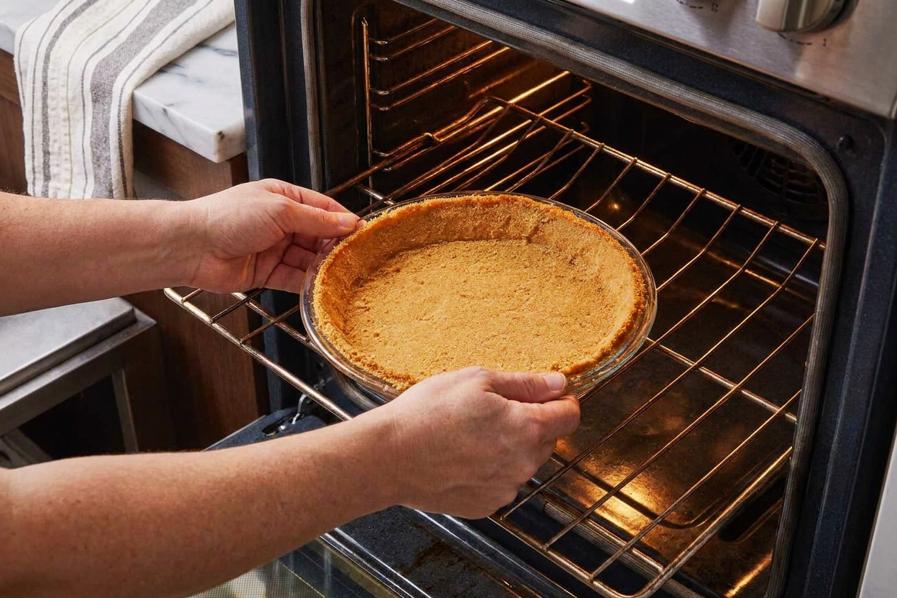 A graham cracker crust in a glass pie dish being placed into a home oven on the middle rack