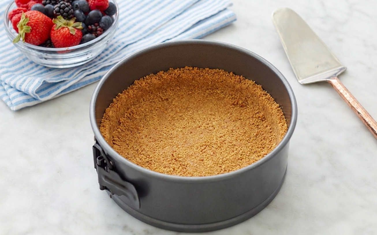 A graham cracker crust tightly pressed into the bottom of a springform pan, crumbs evenly packed and level