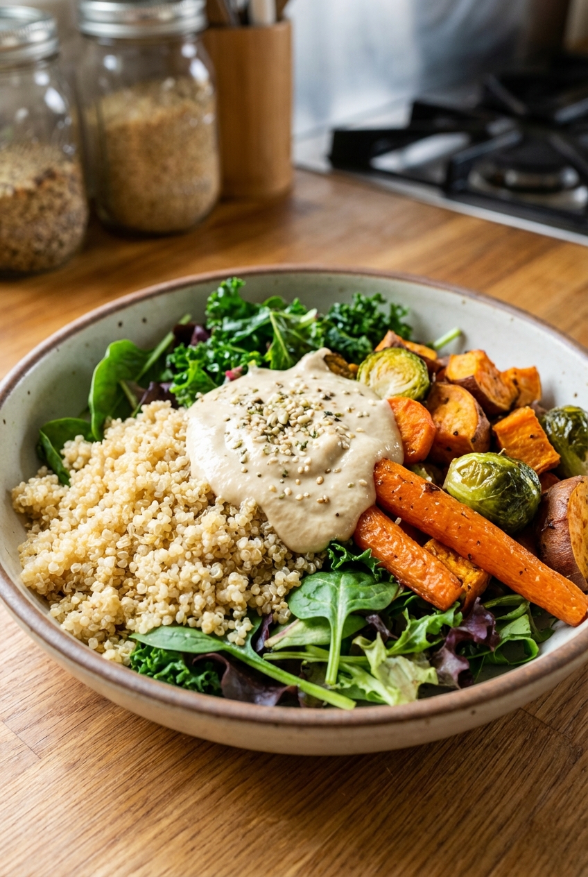 A grain bowl with quinoa, greens, roasted vegetables, and a dollop of sauce