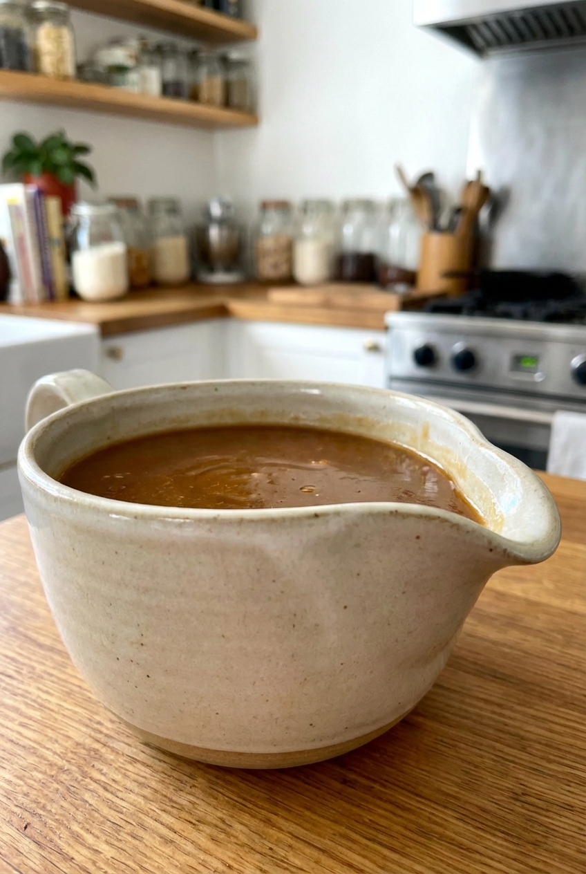 A gravy boat filled with glossy brown turkey gravy
