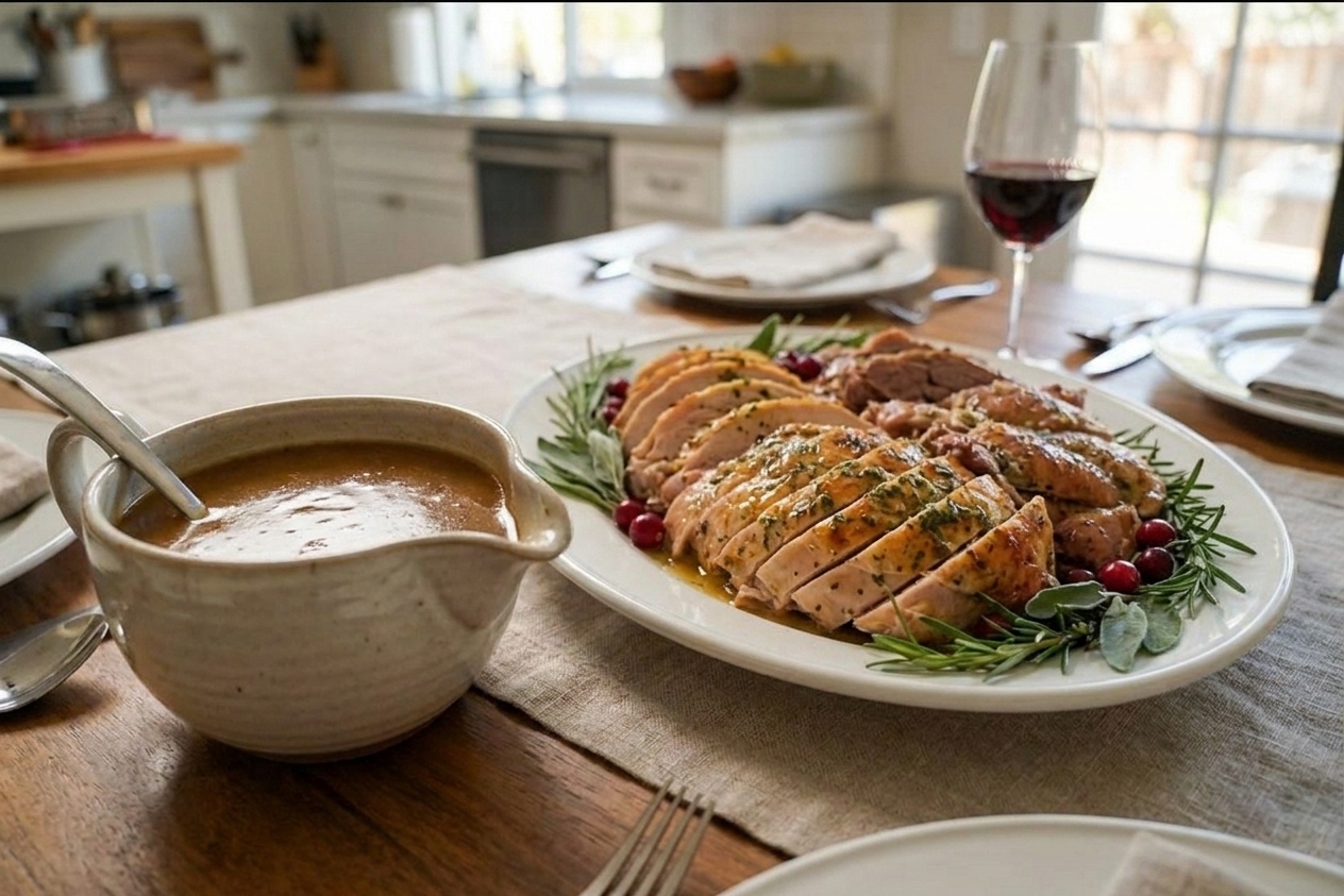 A gravy boat filled with glossy turkey gravy next to a platter of carved turkey on a dining table set for Thanksgiving