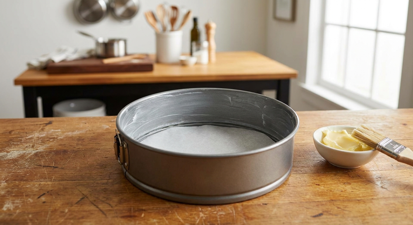 A greased 9-inch springform pan on a kitchen counter with parchment paper lining the bottom