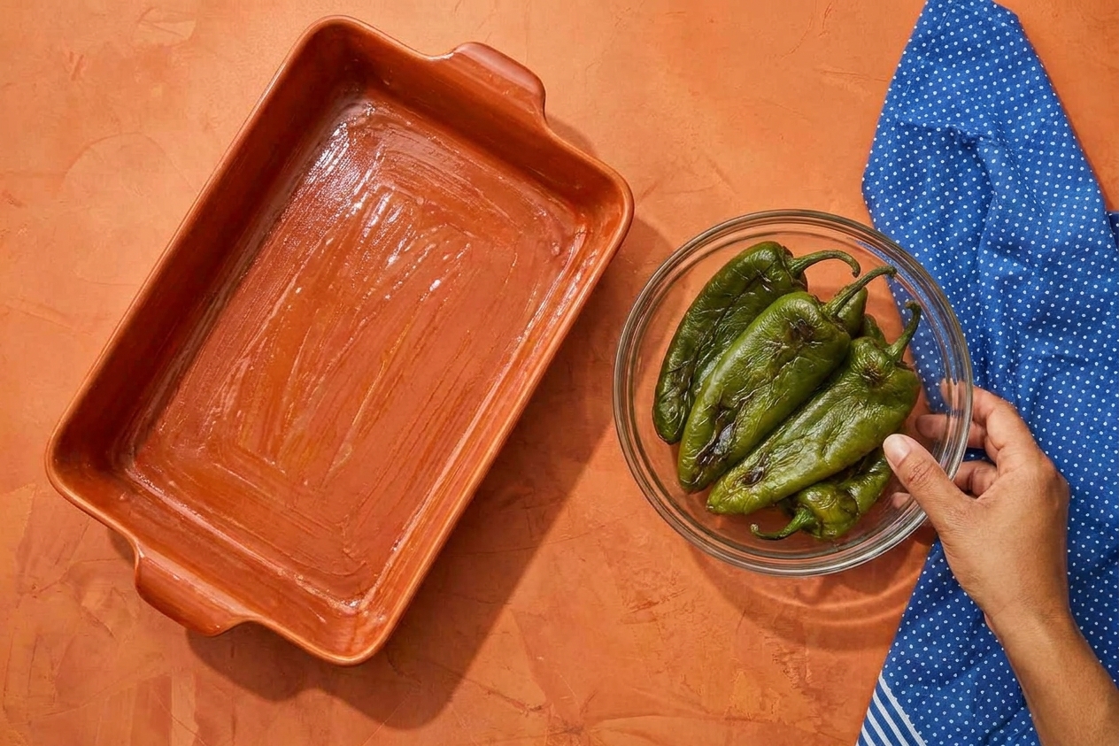 A greased 9 x 13-inch baking dish on a kitchen counter with whole roasted green chiles nearby, ready for layering