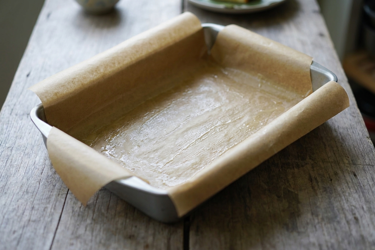 A greased 9 x 13-inch baking pan lined with parchment paper on a kitchen counter