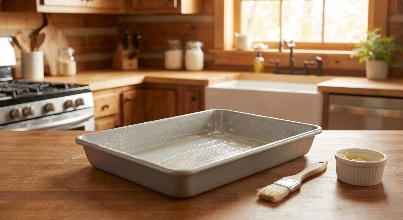 A greased 9x13-inch metal baking pan ready for cake batter