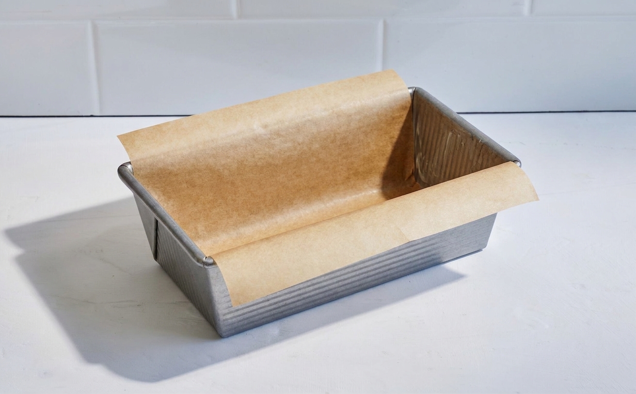 A greased 9x5-inch loaf pan lined with parchment paper sitting on a clean kitchen counter