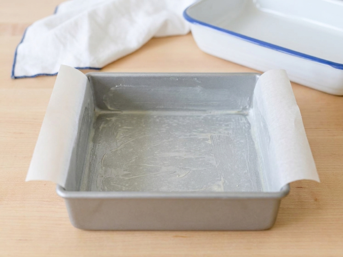 A greased 9x9-inch baking pan lined with parchment paper with overhang, sitting on a wooden counter