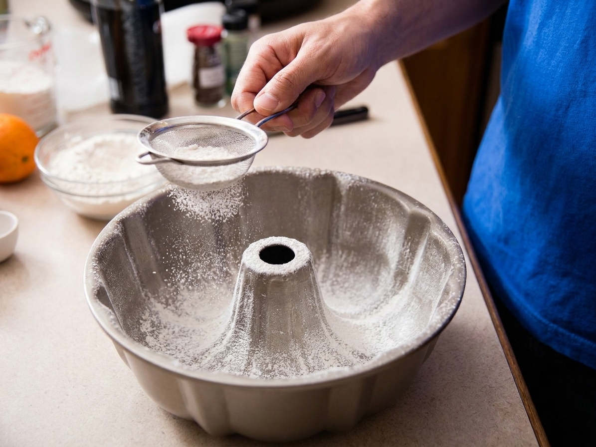 A greased Bundt pan being dusted with flour, with flour visible in the grooves