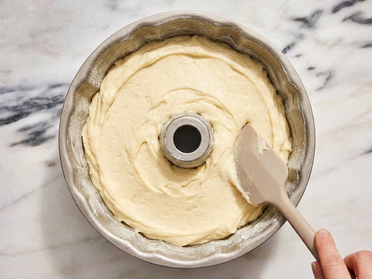A greased Bundt pan filled with thick pound cake batter, the surface smoothed with a spatula