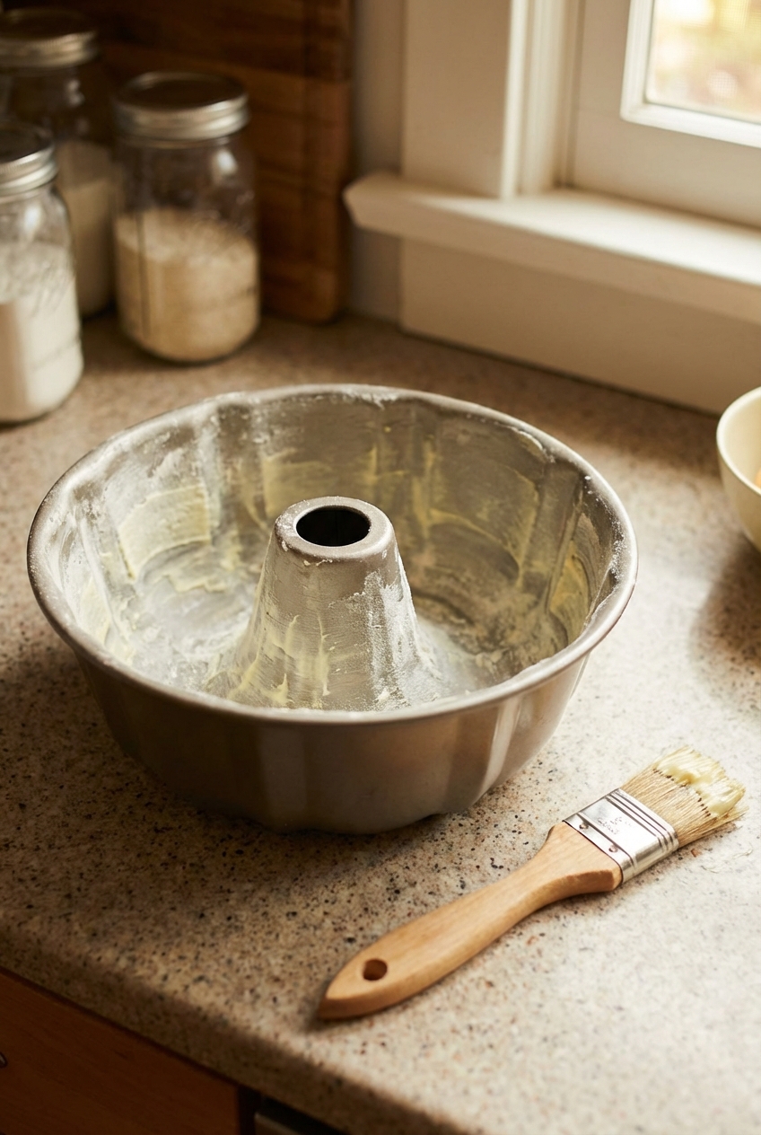 A greased Bundt pan on a countertop with a pastry brush beside it