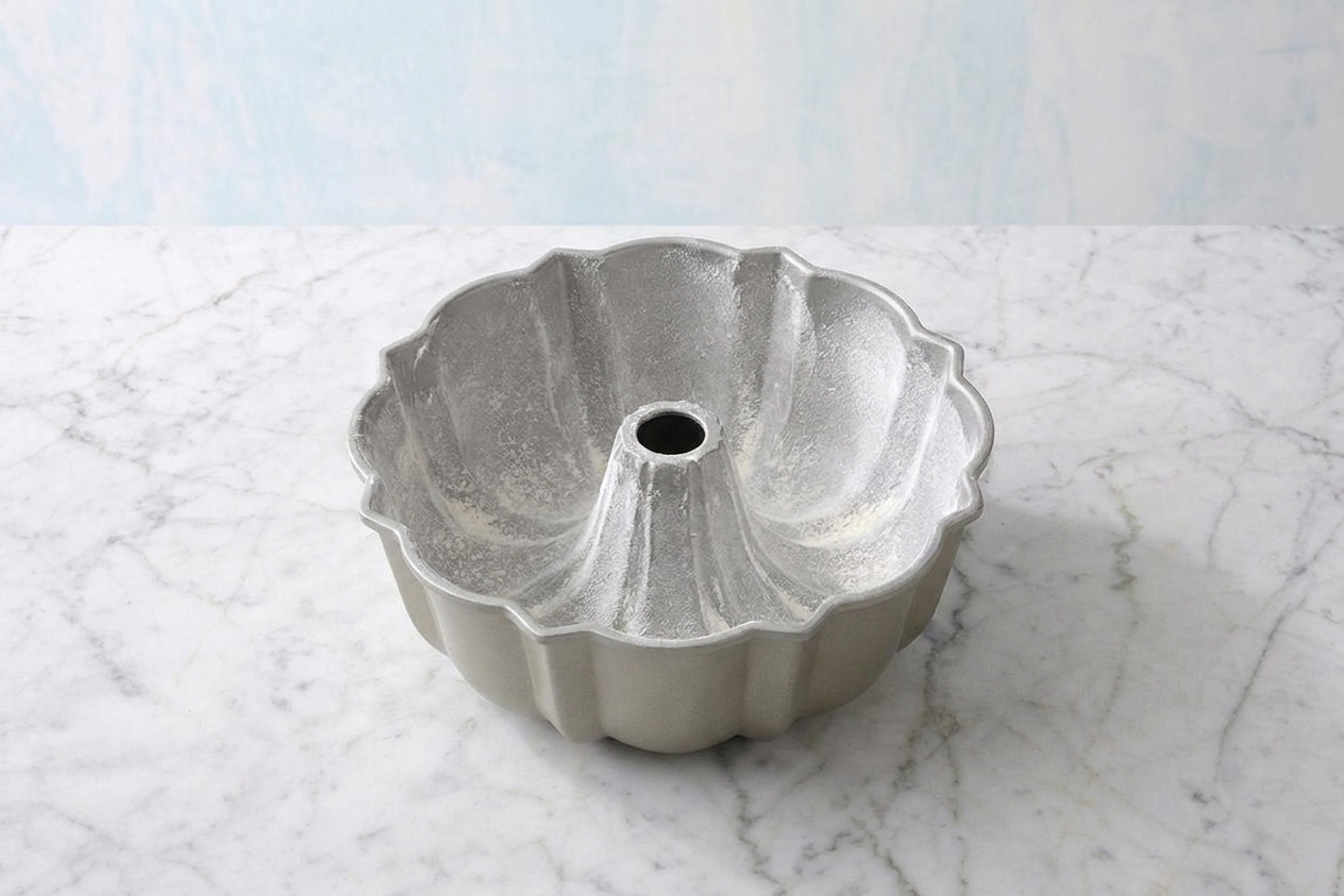A greased and floured bundt pan on a kitchen counter ready for cake batter