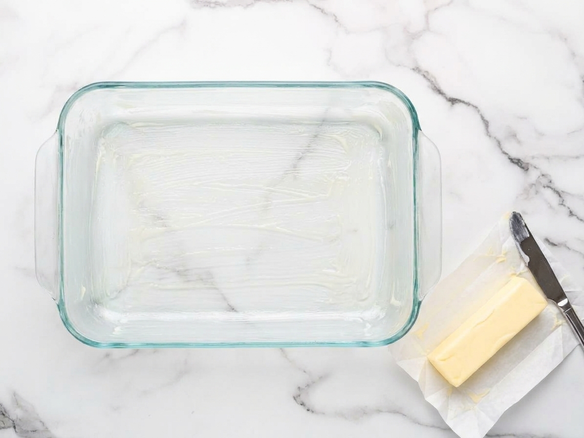 A greased glass 9x13 baking dish on a clean kitchen counter next to a stick of butter