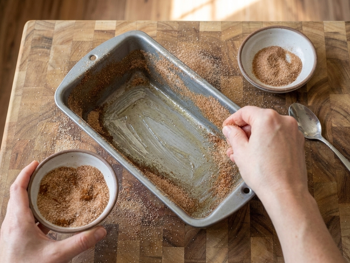 A greased loaf pan being coated with cinnamon sugar, viewed from above on a kitchen counter