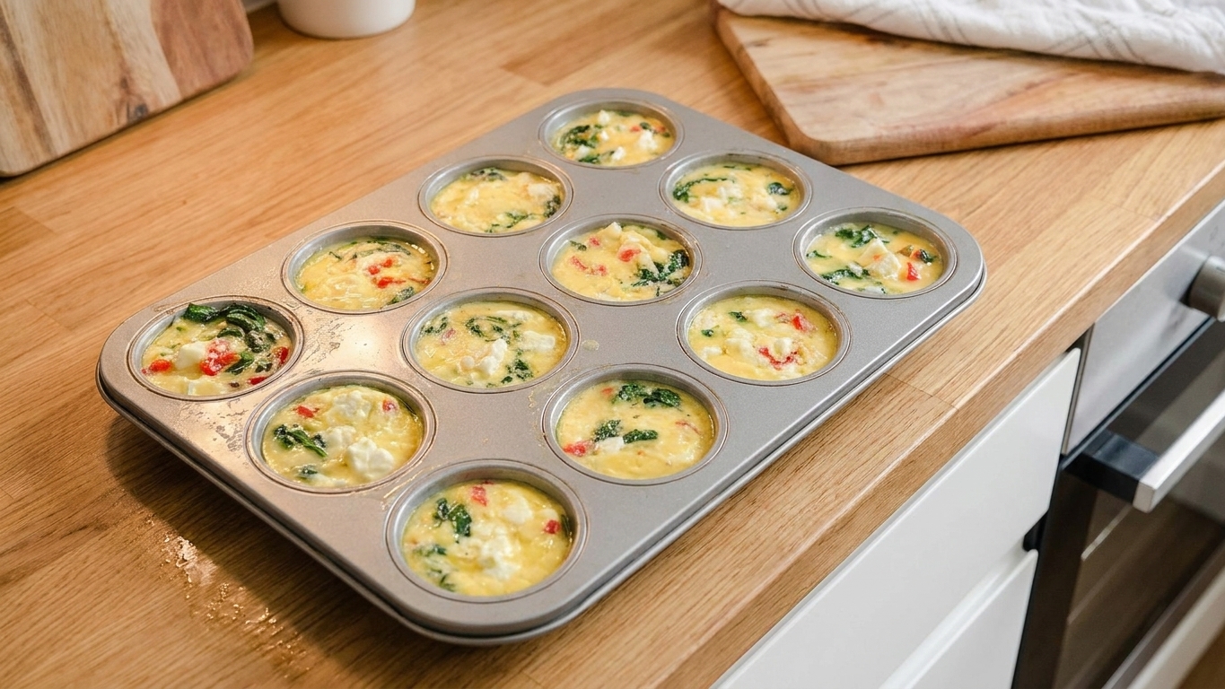 A greased muffin tin filled with pale yellow egg bite batter dotted with spinach and peppers on a kitchen counter