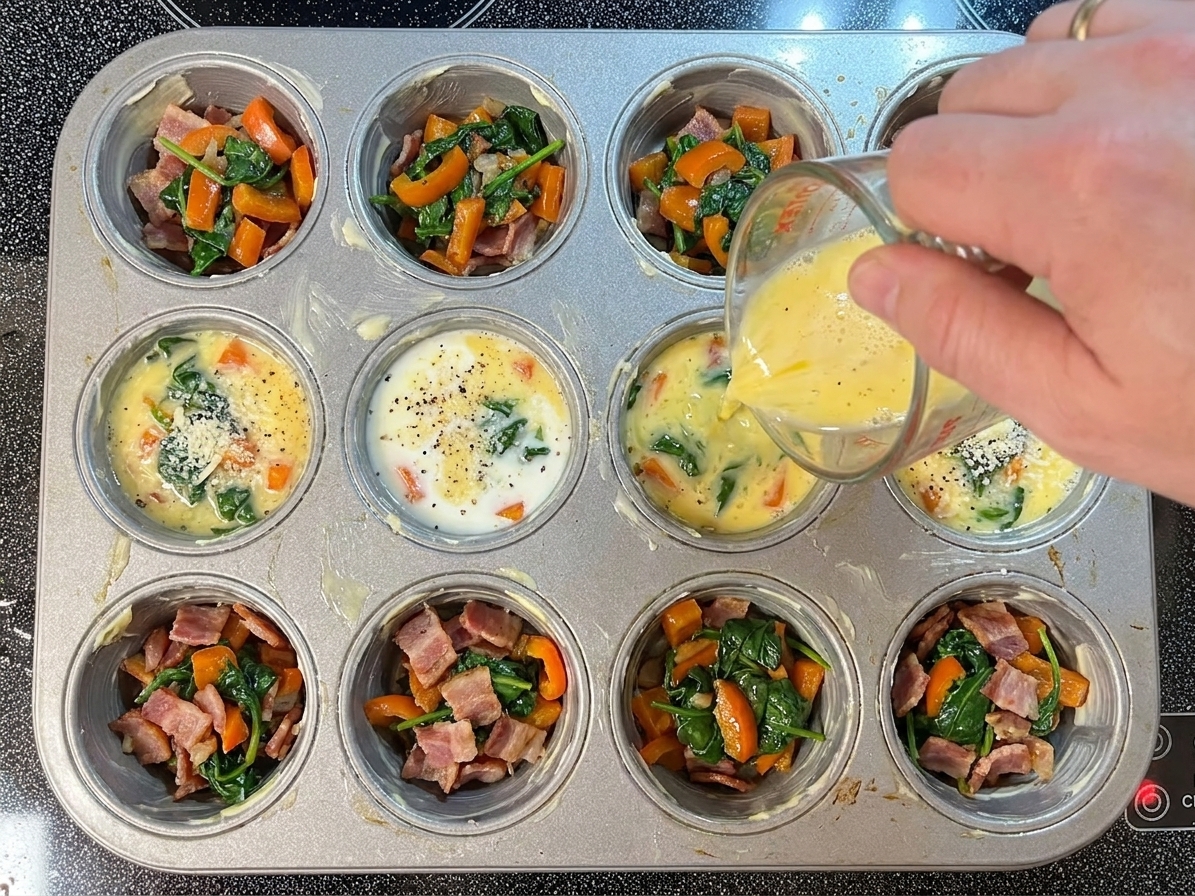 A greased muffin tin partially filled with bacon, vegetables, and egg mixture before baking