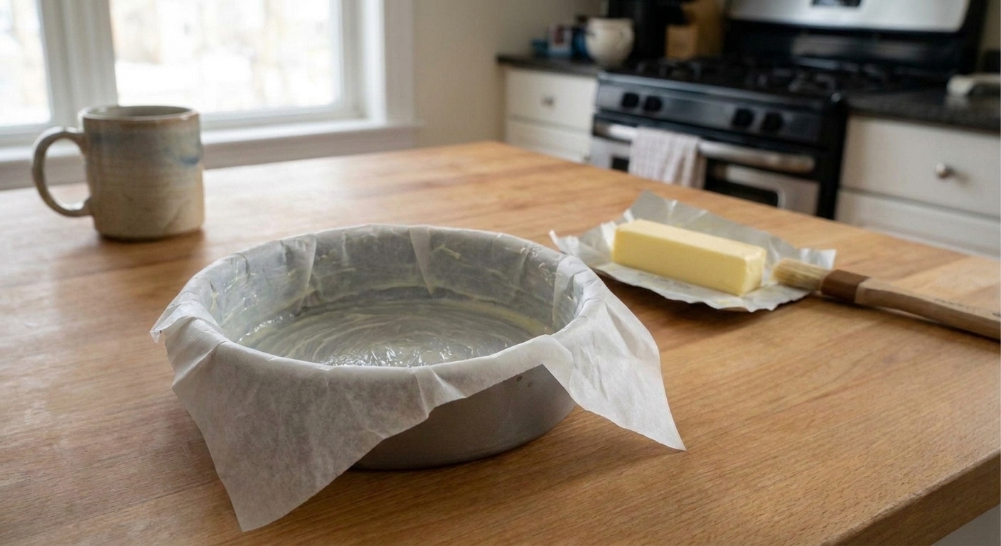 A greased round cake pan lined with parchment paper on a clean kitchen counter