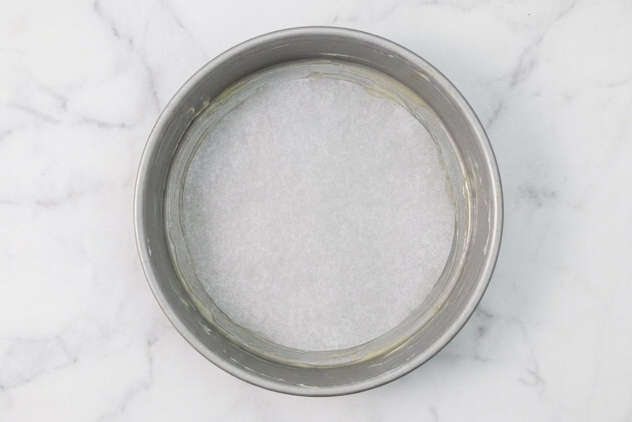 A greased round cake pan with parchment paper in the bottom on a kitchen counter